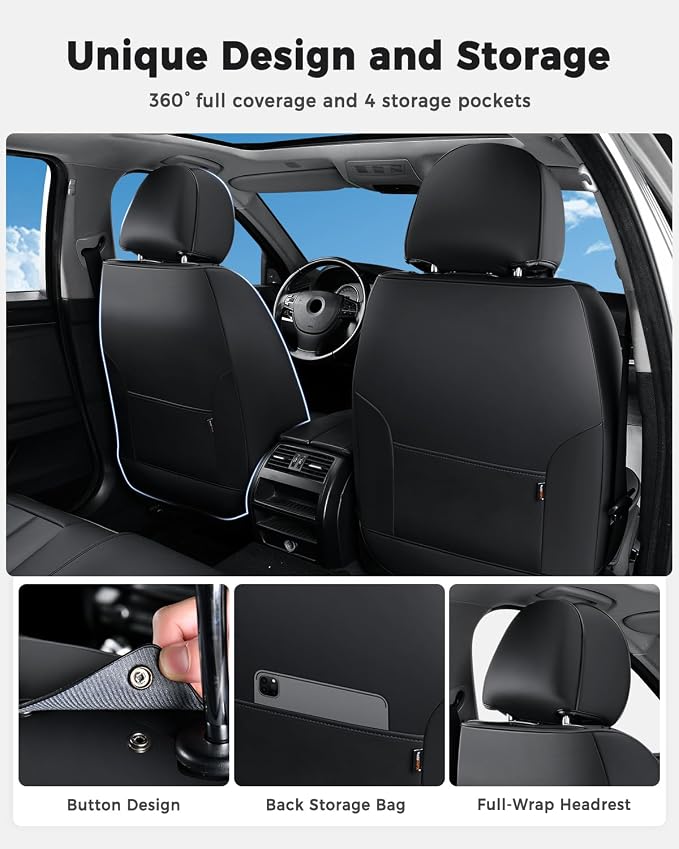 Huidasource Front Seat Covers, Universal Fit for Most Cars SUV Trucks, Full Coverage Leather Seat Cover, Airbag Compatble, Seat Function Retain, Storage Pocket Design, Easy to Install, Black