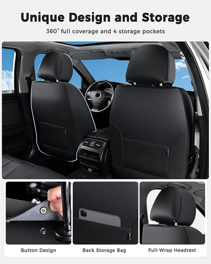 Huidasource Front Seat Covers, Universal Fit for Most Cars SUV Trucks, Full Coverage Leather Seat Cover, Airbag Compatble, Seat Function Retain, Storage Pocket Design, Easy to Install, Black