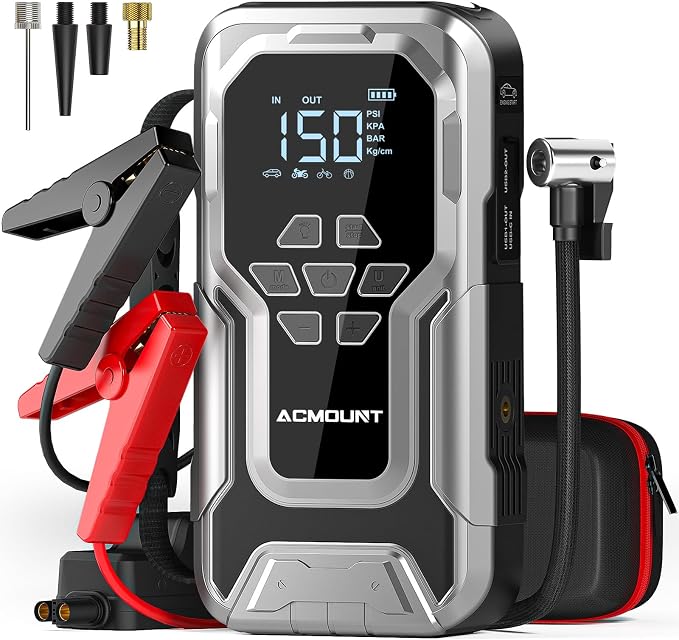 Acmount D18 Jump Starter with Air Compressor, 6000A Car Battery Jumper Starter Portable(All Gas/10.0L Diesel), 150PSI Tire Inflator Air Pump, 12V Jump Pack, 800LM Flashlight, Car Gift for Man