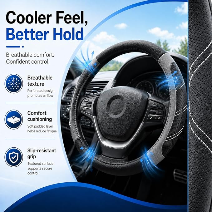 Elantrip Microfiber Leather Steering Wheel Cover for 14.5" to 15" Wheels, Soft Padded Grip, Textured Anti-Slip Inner Lining, Breathable Comfort for Cars, SUVs and Trucks, Black/Gray