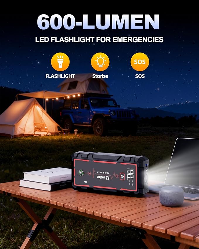 Jump Starter, Battery Jumper Starter Portable, Car Battery Jump Starter with 3 Modes Flashlight, Compass, Power Bank and Jumper Cable