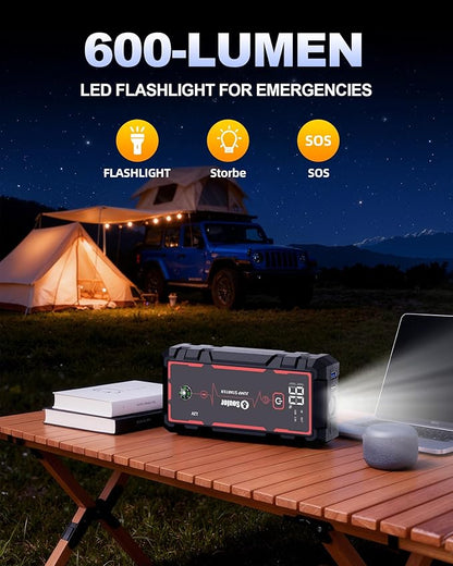 Jump Starter, Battery Jumper Starter Portable, Car Battery Jump Starter with 3 Modes Flashlight, Compass, Power Bank and Jumper Cable