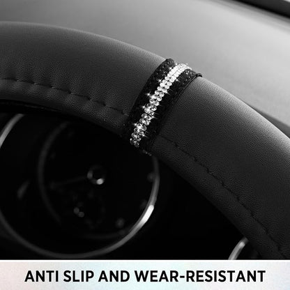 Road Comforts Leopard Steering Wheel Cover for Women, Cute Anti-Slip Microfiber Leather, Fits D Shape Flat Bottom Steering Wheel 14.5-15 Inch - Black