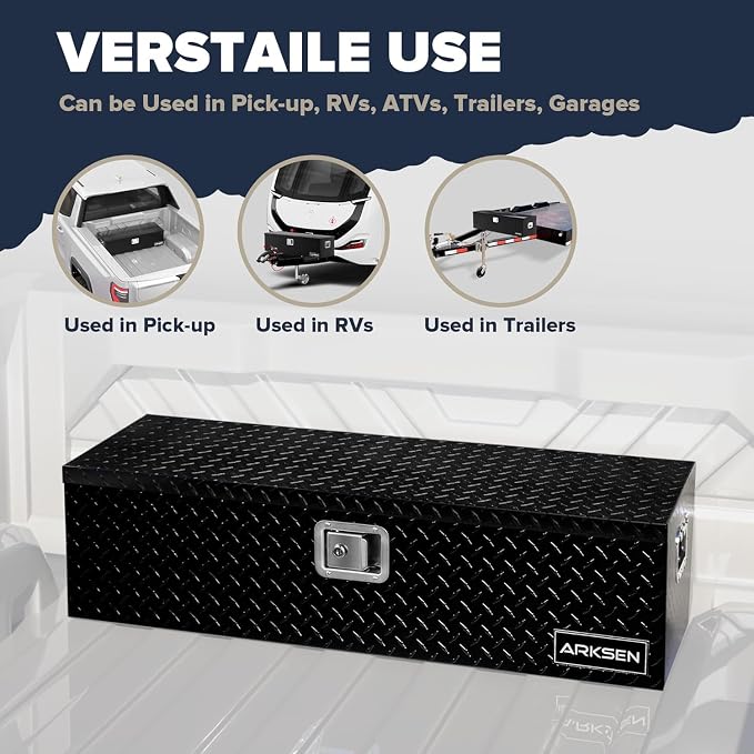 ARKSEN 39 x 13 x 10 Inch Diamond Plate Truck Bed Tool Box, Heavy Duty Waterproof Aluminum Toolboxes Storage Chest with Side Handle & Lock for Pickup Truck Bed, RV & Trailer – Black