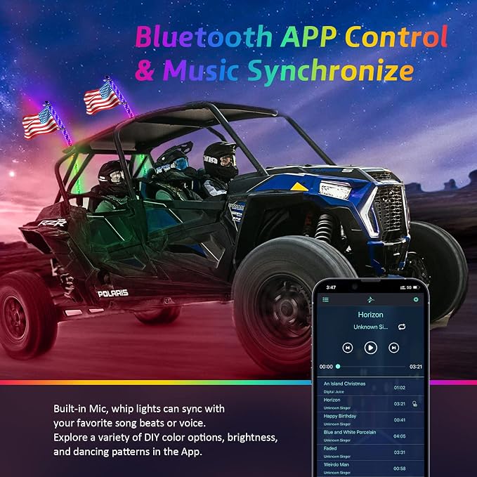 Ehaho 2 Pack 2FT Whip Lights with Spring Base,LED Whip Light with App & Remote Control, Spiral RGB Chasing Lighted Whips with Rocker Switch, Music Whip Light for UTV ATV Polaris RZR Can-Am SXS Truck