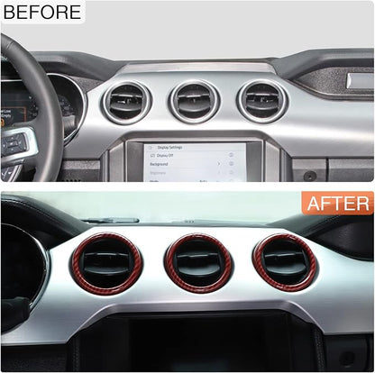 RT-TCZ Center Console Air Conditioner Outlet Vent Trim Cover Ring Interior Accessories for Ford Mustang 2015-2022,3PCS (Red Carbon Fiber Grain)