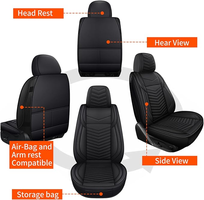 HChengkikz Car Seat Covers, Breathable & Waterproof Faux Leather Automotive Seat Covers for Cars SUV Truck Sedan, Universal Anti-Slip Driver Seat Cover with Backrest (2 PCS Front Seat, Black)