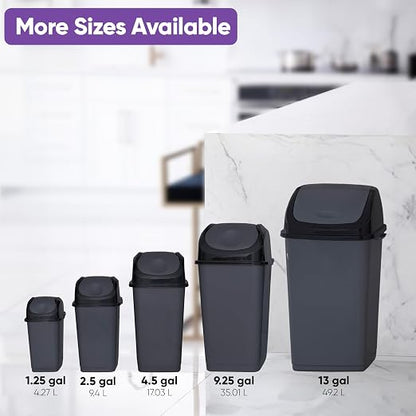 Superio Small 2.5 Gallon Plastic Trash Can with Swing Top Lid, Compact Slim Waste Bin for Under Desk, Office, Bedroom, Bathroom, Dorm Room, 10 Qt. Portable Garbage Can (Dark Grey, 2 Pack)