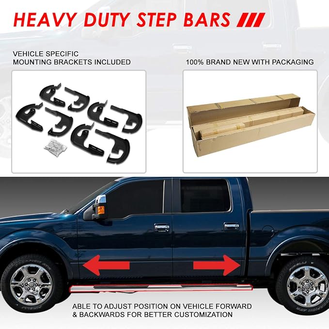 Auto Dynasty Flat Running Boards Compatible with 2004-2014 Ford F150 SuperCrew Cab, Stainless Steel Side Step Rail Nerf Bars, 5" Step Bars, Polished Chrome
