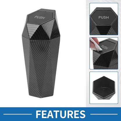 Car Trash Can Portable 3.5" Width 7.9" Height Trash Bin Plastic Carbon Fiber Pattern Black 1 Pcs