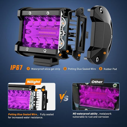 Nilight 4 Inch LED Light Pods Purple Triple Row 2PCS 60W Flood Spot Combo Off Road Driving Decoration Neon Hunting Lighting for UTV Pick-up Van Boat Tractor