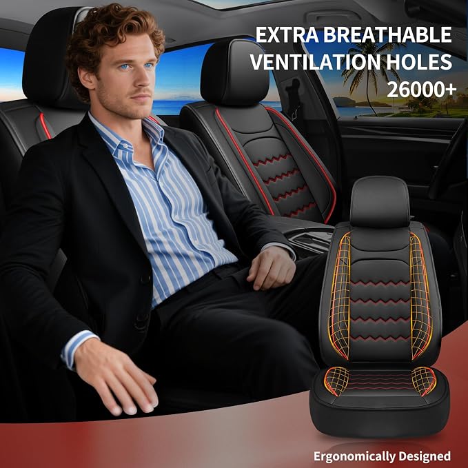 Car Seat Covers Fit for Ford Mustang Mach-E 2021-2026, Full Coverage Leather Waterproof Breathable Seat Covers Full Set, Automotive Seat Protectors, Airbag Compatible (2 Front Seats, Red Black)
