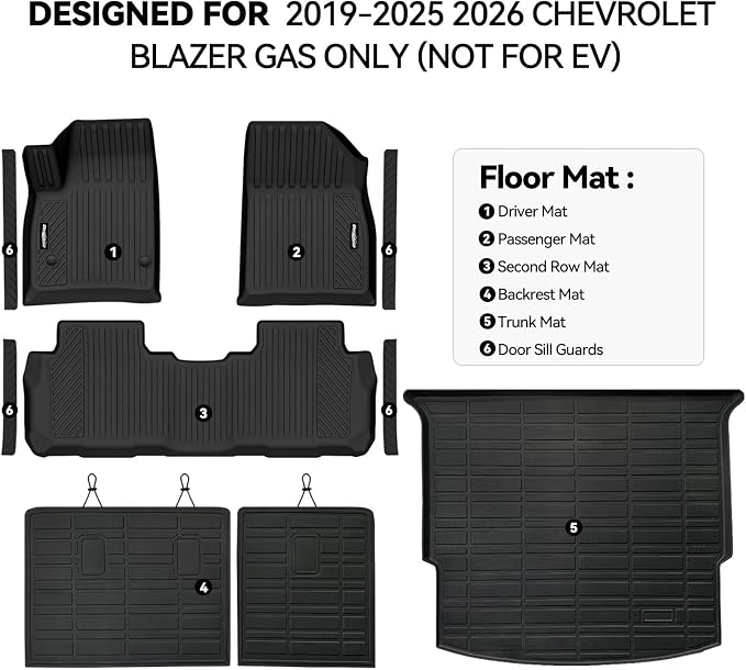 Floor Mats for Chevrolet Blazer 2019-2025 2026 Gas Only (Not for EV), Trunk Mat and Backrest Mat & Door Sill Guard All Weather TPE Protector for Chevy Blazer Accessories(Not for EV)