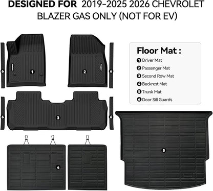 Floor Mats for Chevrolet Blazer 2019-2025 2026 Gas Only (Not for EV), Trunk Mat and Backrest Mat & Door Sill Guard All Weather TPE Protector for Chevy Blazer Accessories(Not for EV)