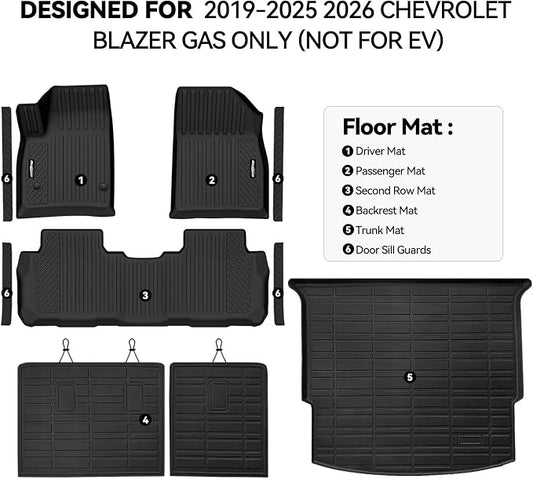 Floor Mats for Chevrolet Blazer 2019-2025 2026 Gas Only (Not for EV), Trunk Mat and Backrest Mat & Door Sill Guard All Weather TPE Protector for Chevy Blazer Accessories(Not for EV)