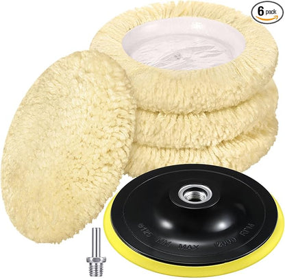 Tallew 6 Pcs 5 Inch Wool Buffing Polishing Pads Hook Loop Cutting Pads with Backing Plate for Car, Boat, Wood, Marble Surface Polishing & Scratch Removal (Original Color)