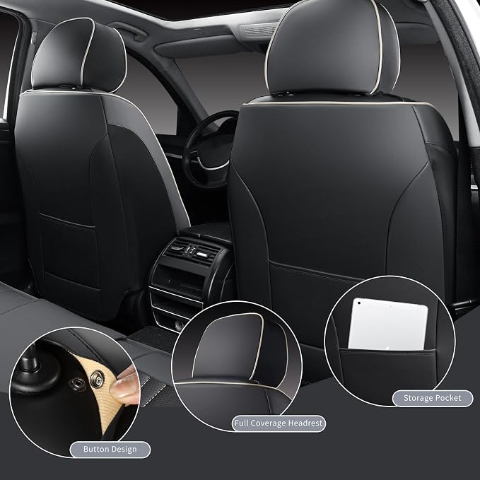 MINGBRON Leather Car Seat Covers 5 Pieces, Full Set Universal Seat Covers for Cars, Waterproof Nappa Leather Auto Seat Protectors, Black Car Seat Cover Most Sedans SUV Pick-up Truck Black&BeigeLine