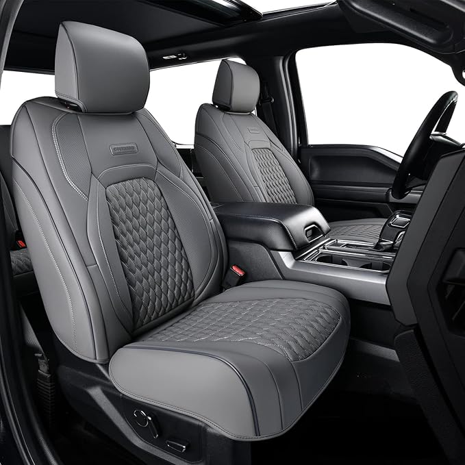 Coverado Front Seat Covers for Ford F150 2015-2026, F250 F350 F450 2017-2026 SuperCrew Crew Cab, Gray Leather Car Seat Covers, Full Coverage