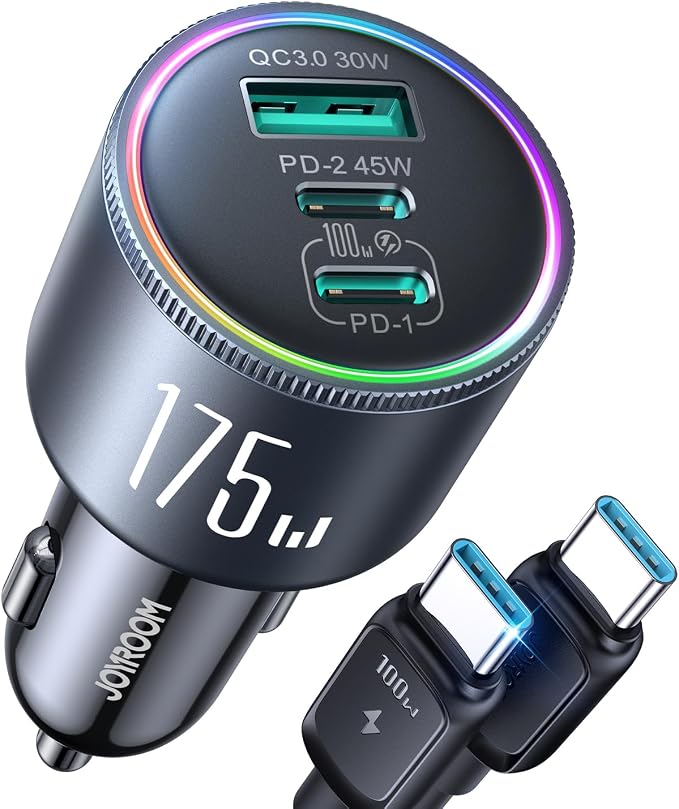 JOYROOM 175W Super Fast Car Charger [GaN] 3-Port Car Charger USB C Fast Charge with USB-C Cable, Car Cigarette Lighter USB Charger for iPhone 17/16/15, Samsung S26/25, Pixel 10, MacBook, iPad and More