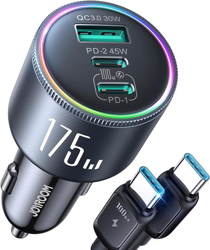 JOYROOM 175W Super Fast Car Charger [GaN] 3-Port Car Charger USB C Fast Charge with USB-C Cable, Car Cigarette Lighter USB Charger for iPhone 17/16/15, Samsung S26/25, Pixel 10, MacBook, iPad and More