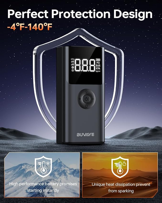 BUVAYE 4000A Jump Starter with Air Compressor, 150PSI Tire Inflator, 12V Portable Car Battery Jumper, Auto Shutoff, Digital Gauge, Smart Clamps, Carry Case