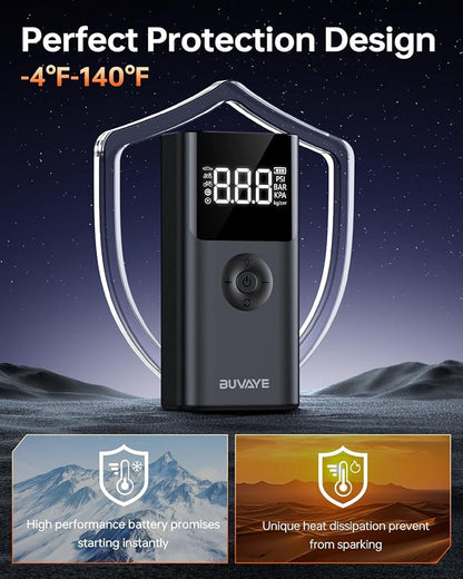 BUVAYE 4000A Jump Starter with Air Compressor, 150PSI Tire Inflator, 12V Portable Car Battery Jumper, Auto Shutoff, Digital Gauge, Smart Clamps, Carry Case