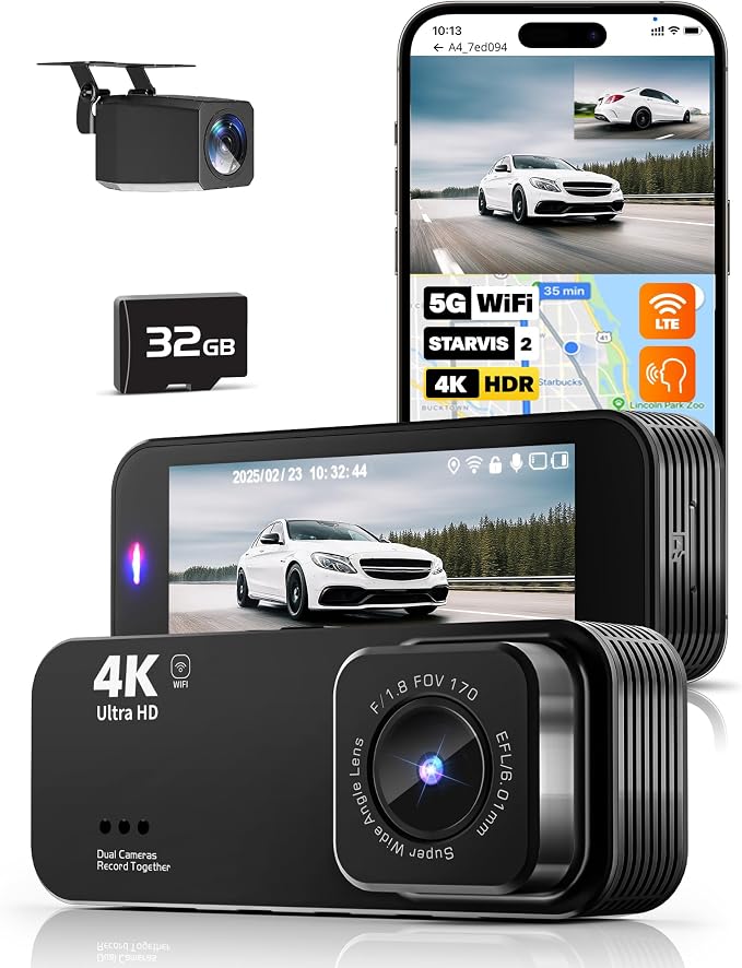 Dash Camera for Cars, 4K Dash Cam Front and Rear with 5G WiFi, Free Card Included, Loop Recording, Night Vision, 170°Wide Angle, G-Sensor, 24H Parking Mode