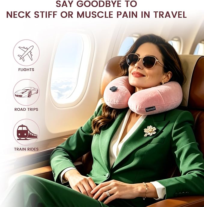 Keemall Inflatable Neck Pillow,Inflatable Travel Pillow Premium Pink U-Shaped with Soft Washable Cover, Compact Portable Airplane Travel Essentials for Flight, Car and Office, Travel Gift for Women