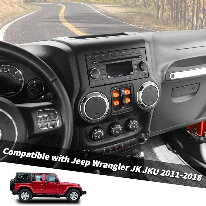 Jimen for JK Window Button Covers, 4PCS Center Console Window Switch Cover Interior Trim Kits Compatible with Jeep Wrangler JK & Unlimited 2012-2018, Aluminum Alloy (Orange)