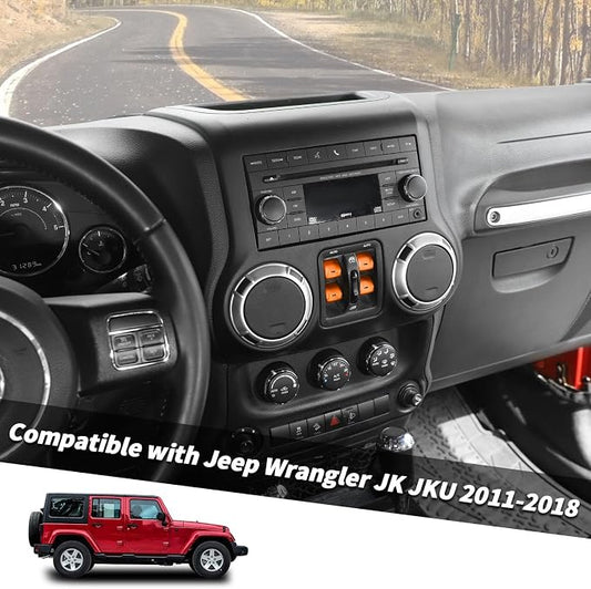 Jimen for JK Window Button Covers, 4PCS Center Console Window Switch Cover Interior Trim Kits Compatible with Jeep Wrangler JK & Unlimited 2012-2018, Aluminum Alloy (Orange)
