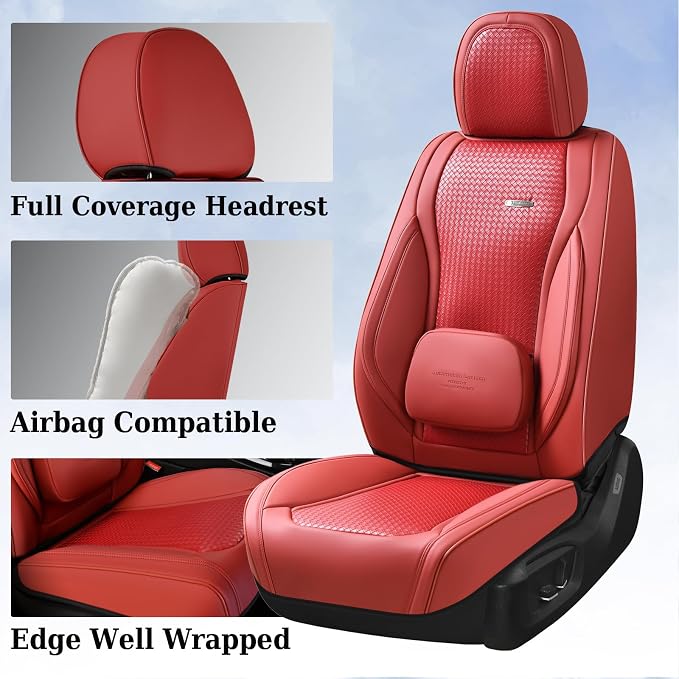Coverado Seat Covers, Car Seat Covers Front Seats, Waterproof Nappa Leather Auto Seat Cover with Lumbar Head Pillow, Red Seat Covers Carseat Cover Universal Fit for Most Cars