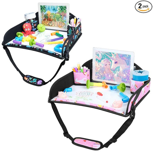 COOLBEBE Kids Travel Tray for Toddler Car Seat, 2PCS Travel Tray for Airplane, Lap Tray, Carseat Table Tray for Kids Travel Activities, Dinosaur & Pink Unicorn