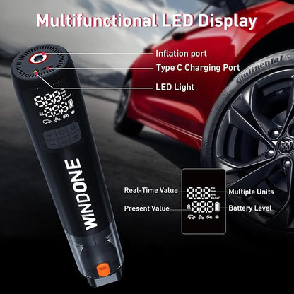 Windone Car Vacuum, 12000Pa 2-in-1 Cleaner & Tire Inflator 150PSI, 60W Brushless Motor, Cordless Handheld Vacuum & Air Pump with Pressure Gauge, LED Light, Multi-Nozzles for Car, Home, Office