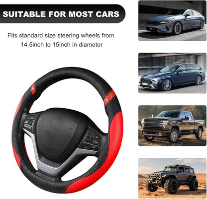 Car Steering Wheel Cover, 15 Inch Premium Leather Breathable Non-Slip Wheels Wrap, Universal Auto Comfortable Steering Wheel Protector for SUV Truck Van, Car Accessories (Red)