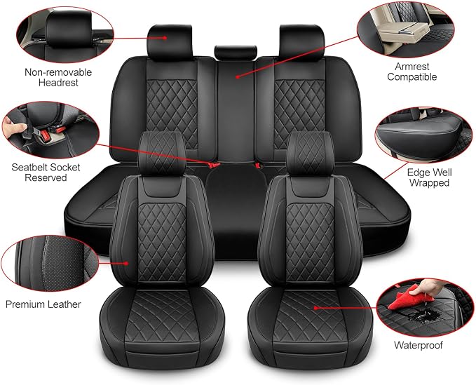 BEITK Leather Car Seat Covers Full Set,Unique Rear Design Easy to Install Car Seat Cover Protectors,Universal Full Surround Front Back Auto Seat Cover,Car Seat Cover for Sedan Cars Pick-up Trucks SUV