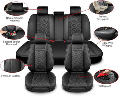 BEITK Leather Car Seat Covers Full Set,Unique Rear Design Easy to Install Car Seat Cover Protectors,Universal Full Surround Front Back Auto Seat Cover,Car Seat Cover for Sedan Cars Pick-up Trucks SUV