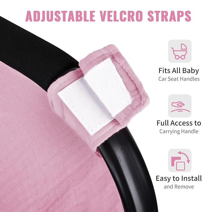 Metplus Muslin Car Seat Cover for Baby Girls, 100% Cotton Breathable Infant Carseat Canopy for Summer, Lightweight Stroller Sunshade Covers (Pale Pink)