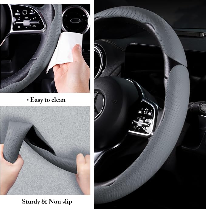 Car Steering Wheel Cover Leather Snap On 3Pcs Set Non-Slip Protector Wrap Steering Wheel Accessories 14.5-15 inch Universal Gray