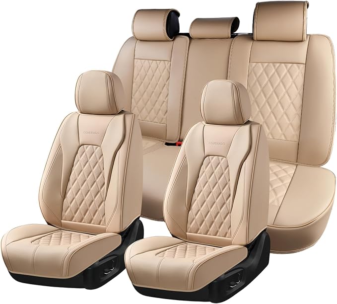 Coverado Leather Seat Covers, Car Seat Cover Full Set, 5 Seats Beige Seat Covers, Automotive Seat Covers Waterproof Car Seat Cushion Protectors Universal Seat Cover Fit for Most Cars Trucks SUV