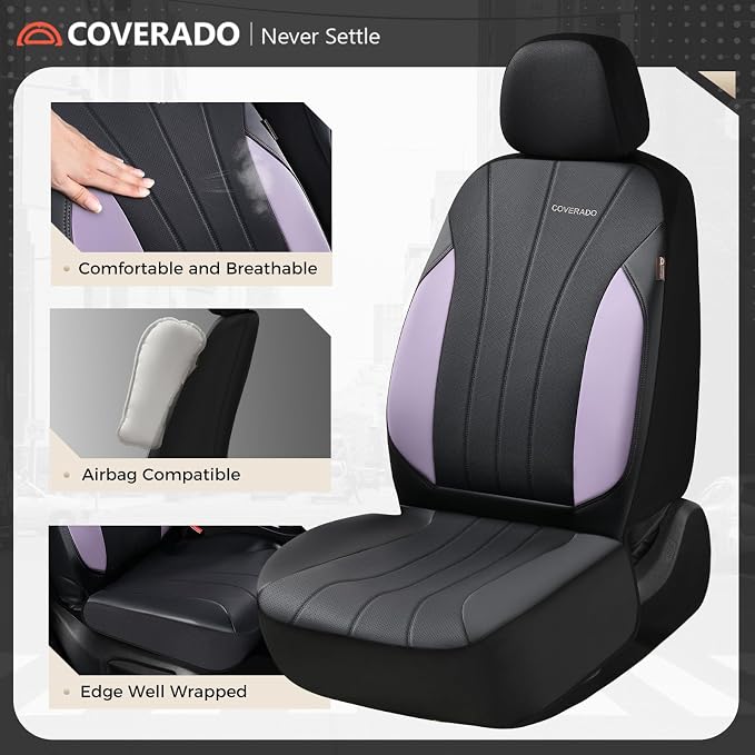 Coverado Car Seat Covers， 2 Front Seats Waterproof Nappa Leather Automotive Seat Protectors, Front Luxury Mesh Seat Covers, All-Weather Universal Fit for Most Cars, SUVs, Trucks,Purple&Black