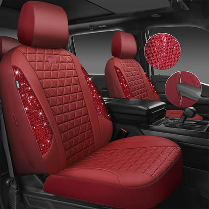 CAR PASS Bling Diamond Burgundy Leather Car Seat Covers Full Sets Interior Sets, Waterproof Shining Glitter Sparkly Crystal Universal Armrest Fit Automotive Truck SUV Cute Women Girl, Red Rhinestone
