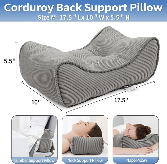 Lumbar Support Pillow for Office Chairs, Bite-Size Natural Latex Foam Back Support Pillow for Lower Back Pain Relief, Soft & Support Corduroy Desk Chair Cushion, M, Gray