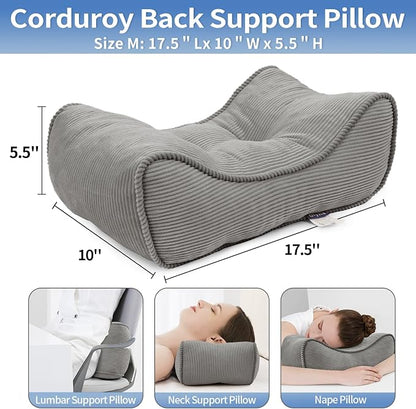 Lumbar Support Pillow for Office Chairs, Bite-Size Natural Latex Foam Back Support Pillow for Lower Back Pain Relief, Soft & Support Corduroy Desk Chair Cushion, M, Gray