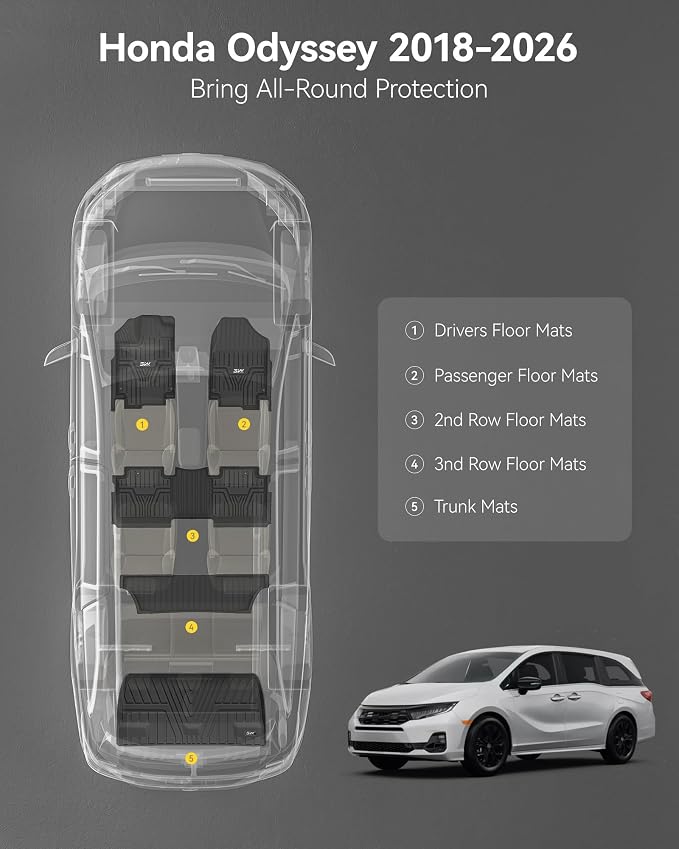 3W Floor Mats & Cargo Liner Fit for Honda Odyssey 2018-2025 2026 Mini Passenger Van, All Weather TPE Floor Liners 1st 2nd & 3rd Rows Car Mats and Trunk Liner Odyssey Car Accessories, Black