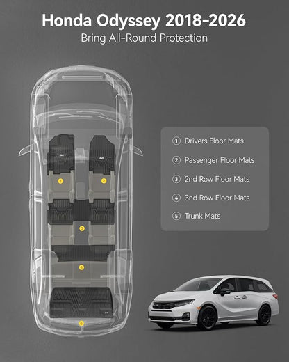 3W Floor Mats & Cargo Liner Fit for Honda Odyssey 2018-2025 2026 Mini Passenger Van, All Weather TPE Floor Liners 1st 2nd & 3rd Rows Car Mats and Trunk Liner Odyssey Car Accessories, Black