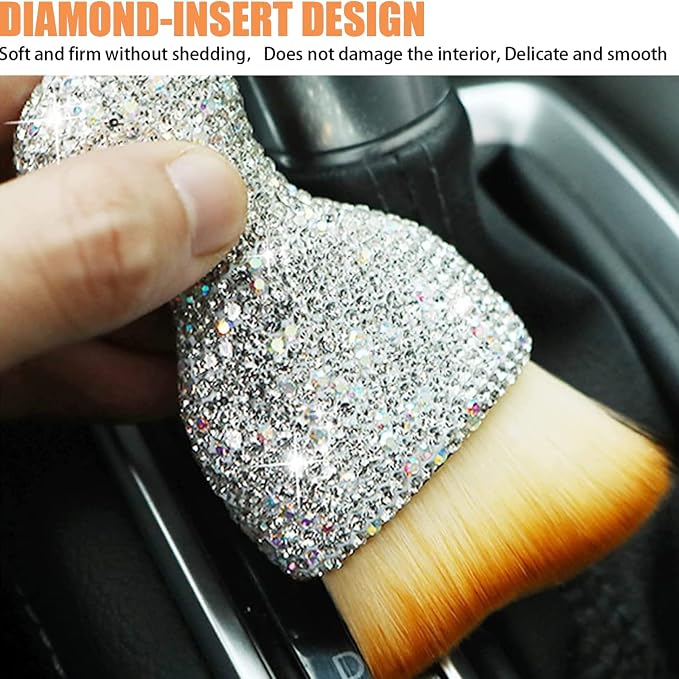1 PC Bling Car Interior Dust Brush, Rhinestones Auto Scratch Free Detailing Brush, Soft Car Interior Cleaning Brush Accessories for Automotive Dashboard, Air Conditioner Vents, Computer (White)