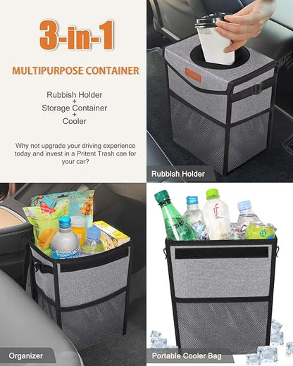 Pritent Car Trash Can with Lid, Cute Leakproof Car Trash Garbage Bag Hanging Vehicle Trash Bin Small Portable Automotive Garbage Cans Organizer for Back/Front Seat/Console(2.8 Gallons,Grey)
