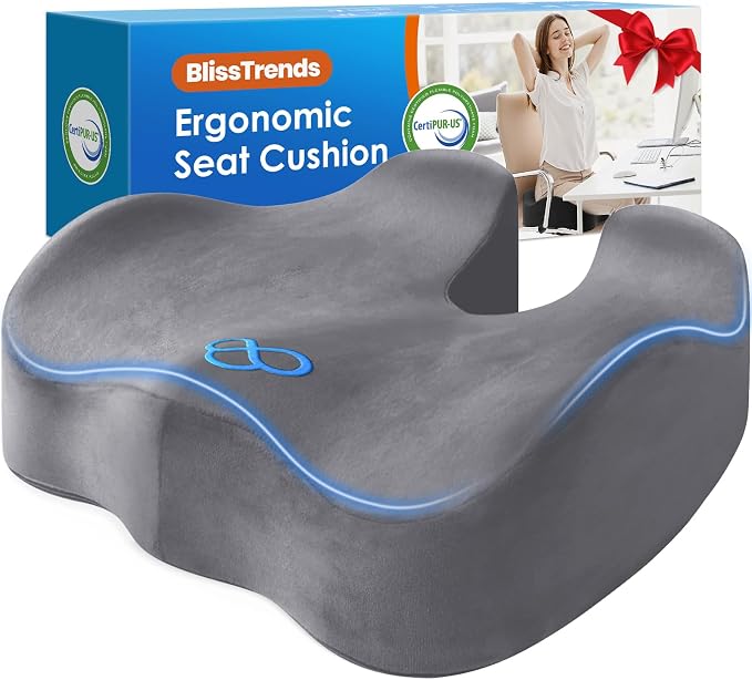 BlissTrends Seat Cushion,5.2in Thick Memory Foam Cushions for Office Chair, Car Seat, Airplane, Relieving Pressure Tailbone Sciatica Back Pain for Long Sitting Office Workers, Car Drivers LightGrey