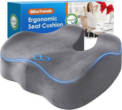 BlissTrends Seat Cushion,5.2in Thick Memory Foam Cushions for Office Chair, Car Seat, Airplane, Relieving Pressure Tailbone Sciatica Back Pain for Long Sitting Office Workers, Car Drivers LightGrey