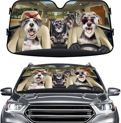 GENANY Cute Miniature Schnauzer Dog Family Funny Windshield Sun Shade for Car SUV Truck (55x30 Inches), Sun Shade Windshield, Protector Blocks UV, Spring Car Decor